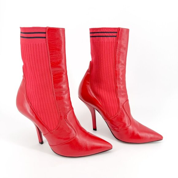 Fendi Stretch Sock Boot EU 39 US 9 Red Leather Pointed Toe High Heel Bootie - Picture 1 of 11